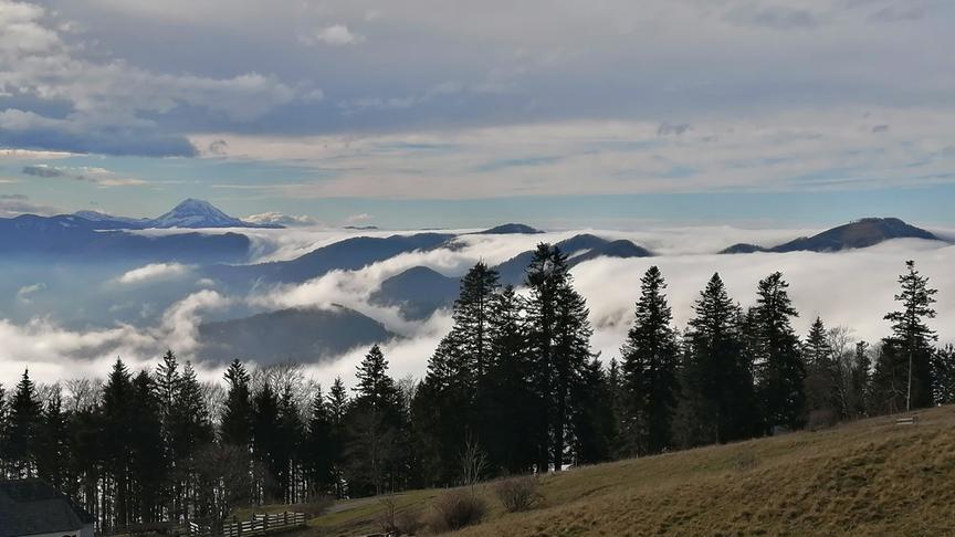 © Wolfgang Baldauf Blick von der Klosteralm zu Ötscher und Hohenstein, nachlassender Föhn über der Nebeldecke. (Wolfgang Baldauf)