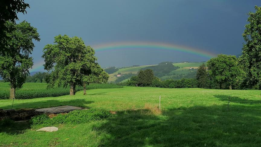 © Maria Leimhofer Nach dem Wolkenbruch ein wunderschöner Regenbogen über Aschach an der Steyr. Hier sieht man landwirtschaftliche Betriebe Ortsteil Haagen. (Maria Leimhofer)