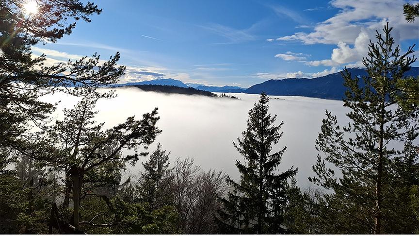 Eine dichte Nebeldecke hängt im Tal, darüber ist blauer Himmel und Sonnenschein.