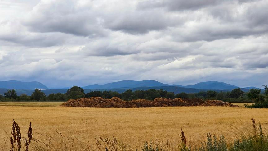 Wolkendecke über einem Getreidefeld und bergiger Landschaft im Hintergrund.