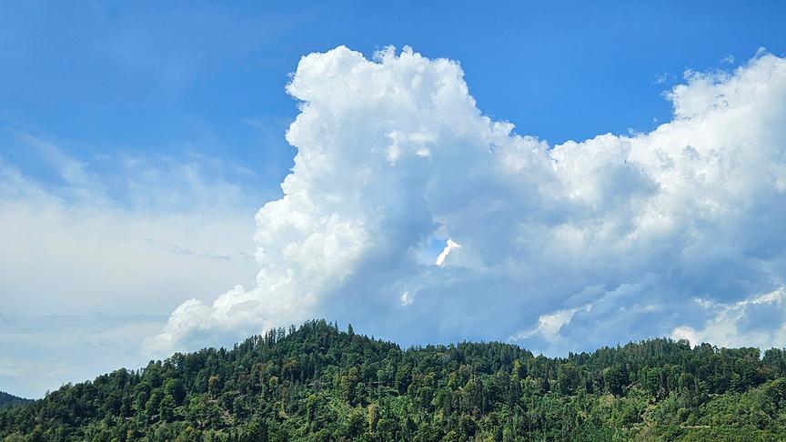 Über einer bewaldeten Hügelkette türmen sich hohe Wolkenformationen am blauen Himmel.