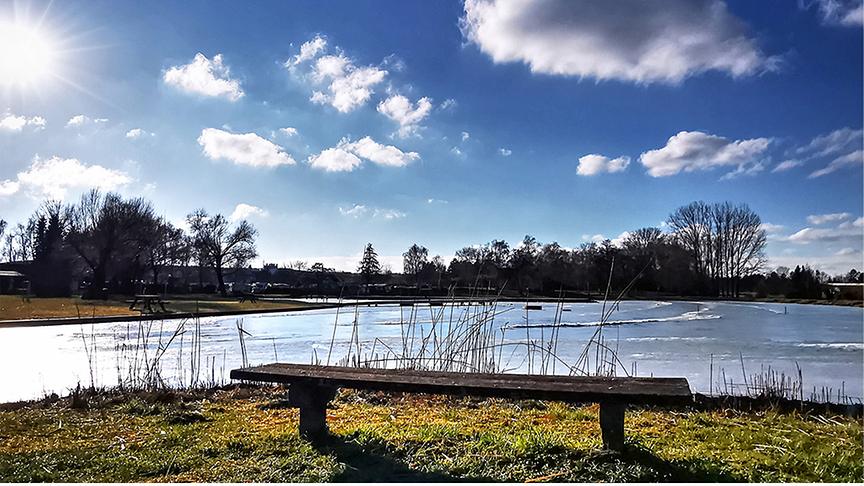 Der zugefrorene Teich schilzt unter der strahlenden Sonne, am Ufer steht eine Bank
