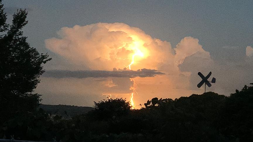 © Anna Leitl Beeindruckende, sich auftürmelnde Wolkenformation durch die aus der Mitte heraus ein Blitz hell zum Erdboden schießt. Im Vordergrund sind dunkel die Silhouetten von Bäumen und Sträuchern zu sehen, die das Naturschauspiel einrahmen.