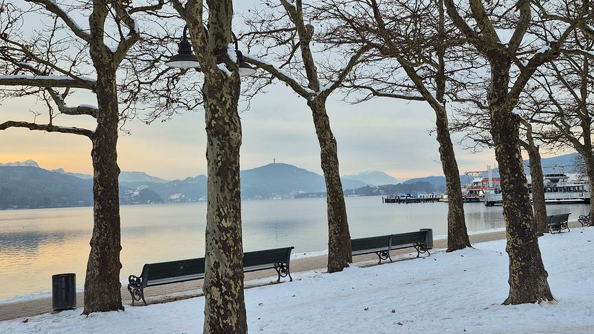 Verschneite Uferpromenade mit Bäumen und Bänken am See mit Bergpanorama im Hintergrund