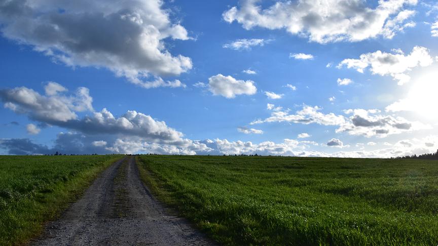 Wolken am blauen Himmel über einem Feldweg und Wiesen.