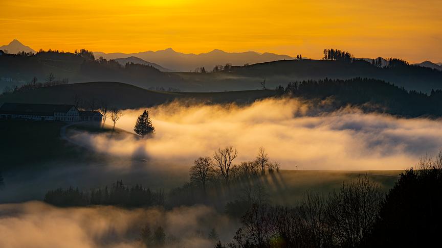 © Harald Haselsteiner Nebeliger Sonnenuntergang am Hochkogel bei Randegg. (Harald Haselsteiner)