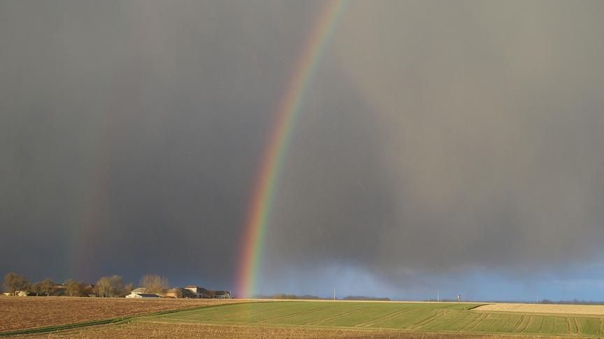 Ein Regenbogen über einem Feld in grauen, tiefhängenden Wolken mit nur einem kleinen Streifen blauen Himmel