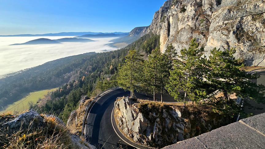 Blick auf das nebelige Tal und die sich den Berg hinaus windende Straße.