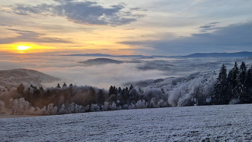 Blick auf das vereiste und neblige Tal mit Wäldern und Hügeln sowie einer tiefstehenden Sonne am Horizont.