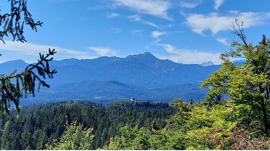 Berglandschaft mit grünen Wäldern bei blauer Dunststimmung unter blauem Himmel mit wenig Wolken.