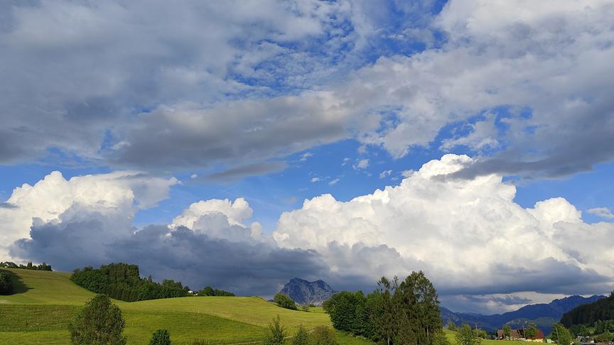 Hohe Wolken bei blauem Himmel über grünen Feldern und Wiesen sowie vereinzelt Bäumen.