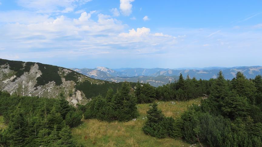 Berglandschaft mit Felsen und Wäldern, die sich bis an den Horizont streckt. Der Himmel darüber ist blau mit Wolken auf der linken Seite.