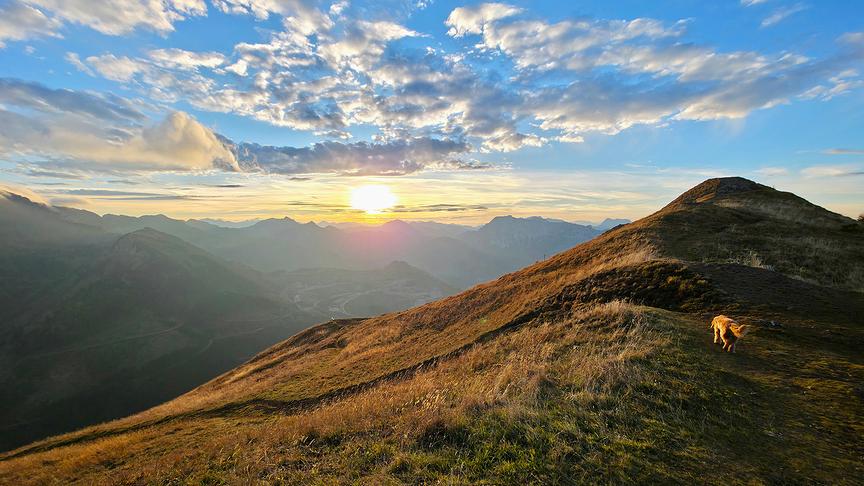 Wandern mit Hund, Abendsonne in den Wolken, Höhe Poster Gipfel, Blick Richtung Eisenerz, Präbichl. (Christian Hahn)
