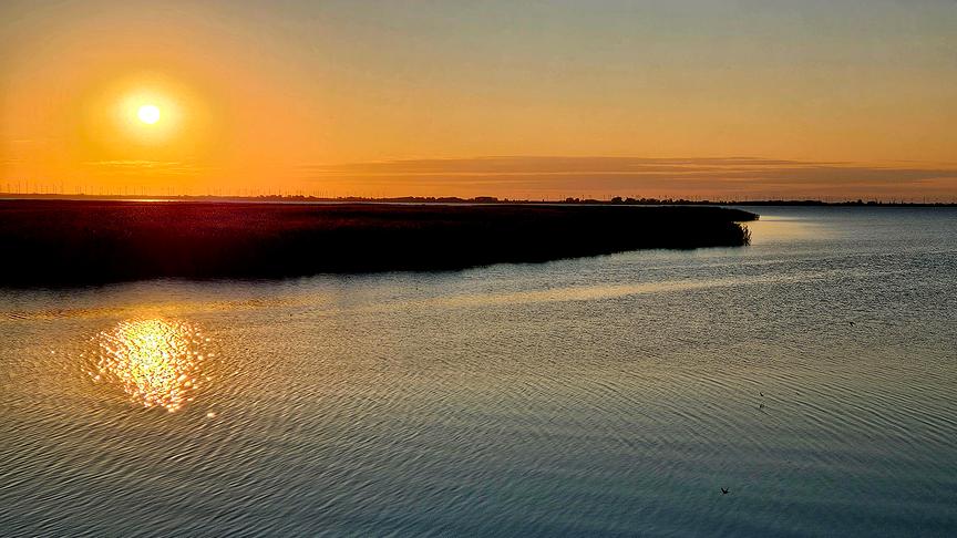 Eine weitläufige Aufnahme eines Sees, seinem Ufer und in der Ferne die Silhoetten unzähliger Windräder. Über der Szenerie steht noch tief die Sonne und taucht sie in warm-oranges Licht. Über dem See fliegen tief einige Vögel.