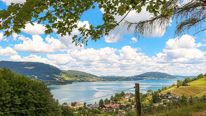 Blick hinab auf einen See umgeben von sanften Hügeln und am Ufer stehenden Häusern. Am Schönwetterhimmel sind einige bauschige Wolken. Im Vordergrund hängen mehrere Äste eines Baumes ins Bild.