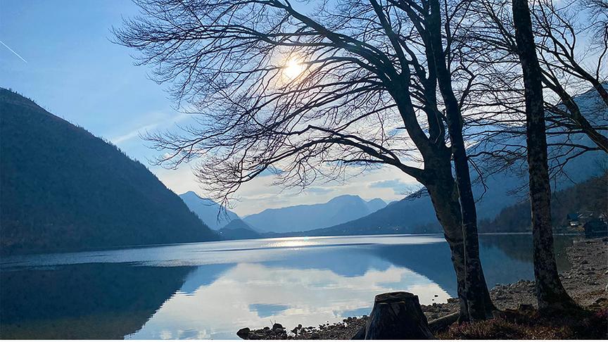 Ein See umgeben in hohen Bergen über dem die Sonne steht, im Vordergrund Ufer mit Bäumen, deren Äste über den See ragen