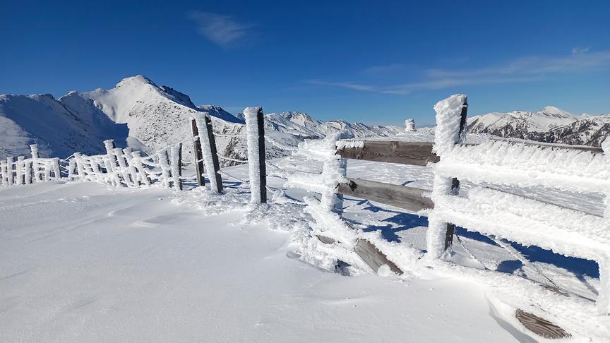 Durch Schnee und wind haben sich am Weidezaun interessante Eisformationen gebildet, die Landschaft rundherum ist vollkommen schneebedeckt.