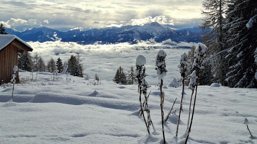 © Klaudia Rossmann Verschneite Landschaft mit Bäumen, einer Hütte und Bergen im Hintergrund.