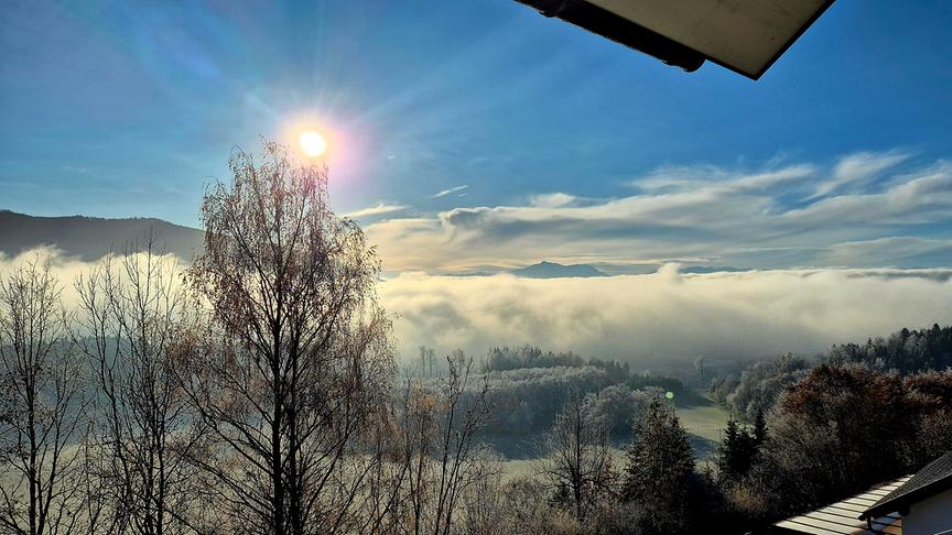 © Christian Reichmann Eine Nebeldecke liegt über einem Tal mit Bäumen, darüber scheint die Sonne.
