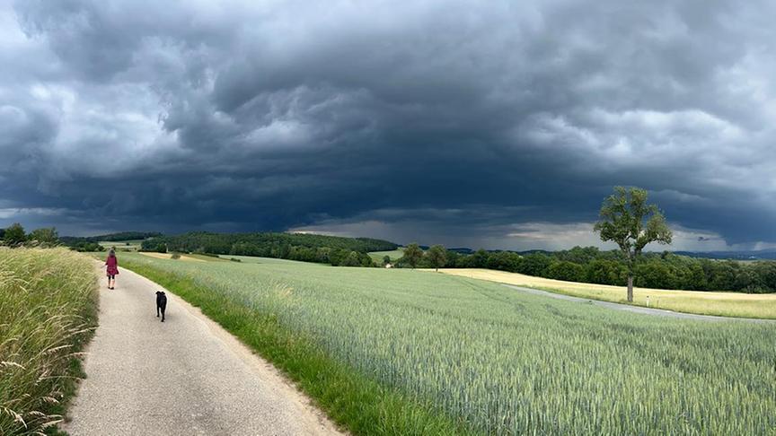Dunkle Gewitterwolkenformationen über Getreidefelder und einem Feldweg sowie Wäldern im Hintergrund. Eine Person und ein Hund gehen auf dem Feldweg.