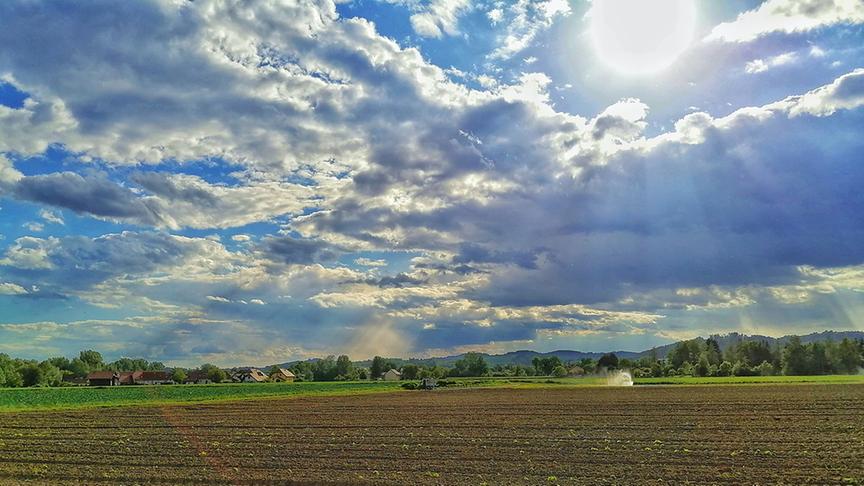 © Bianca Köstner Sonne mit Gewitter- und Regenwolken über Gemüsefeld im Eferdinger Becken. (Bianca Köstner)