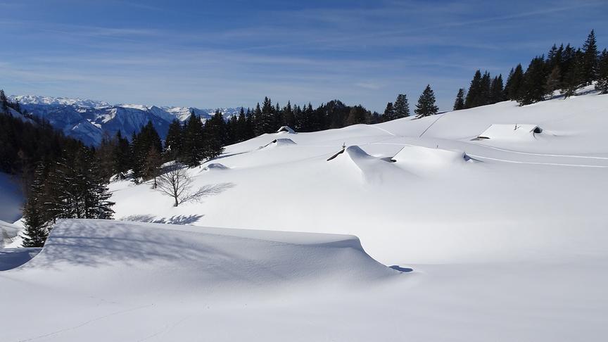© Hans Mitterhuber Leonsbergalm mit den verschneiten und zugewehten Almhütten in Bad Ischl. (Hans Mitterhuber)