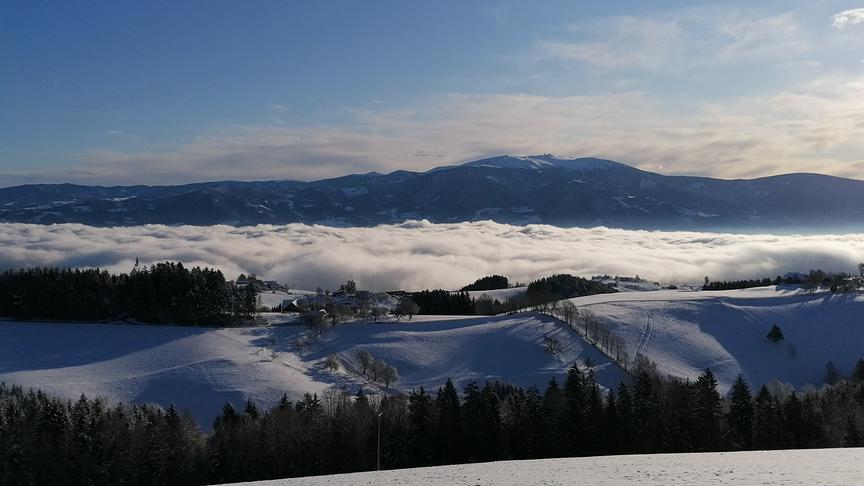 © Brigitte Schmerlaib Eine schöne Winterlandschaft mit direktem Blick nach Pölling, aber auch auf die Saualpe. Darunter ein Nebelmeer soweit das Auge reicht. (Brigitte Schmerlaib)
