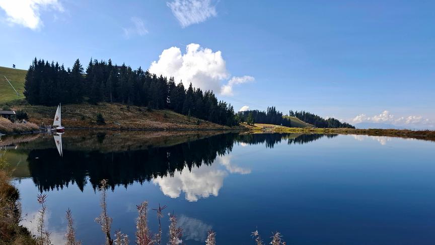 Spiegelung des Ufers und Bäumen im glasklaren Jochstubensee