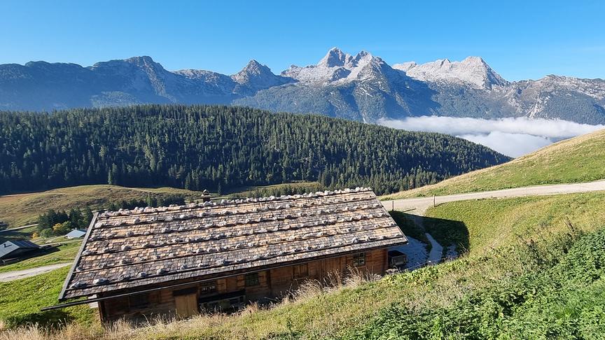 Almhütte auf einer sonnigen Bergwiese mit beeindruckendem Alpenpanorama im Hintergrund.